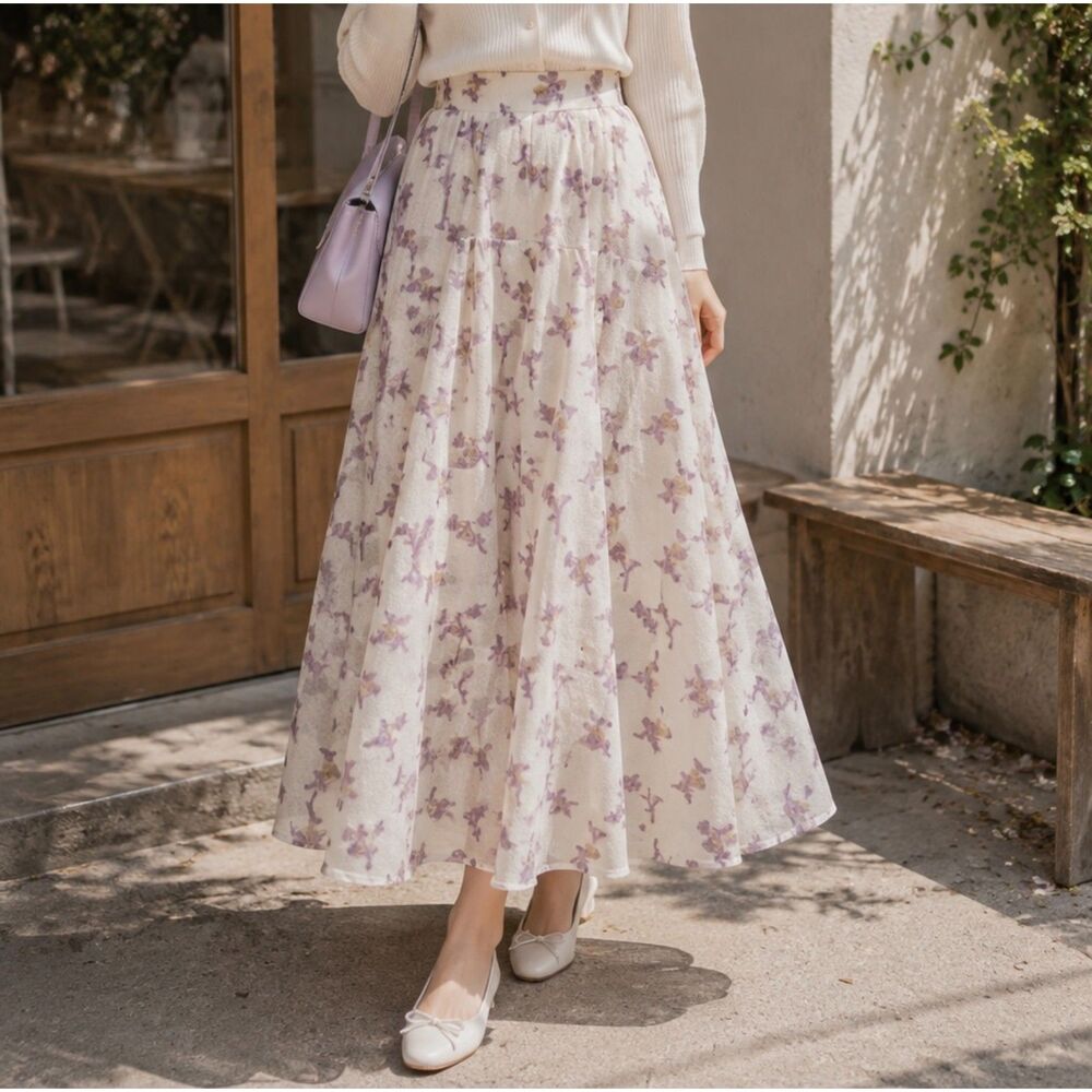 Lilac Floral A-Line Maxi Skirt Size Small